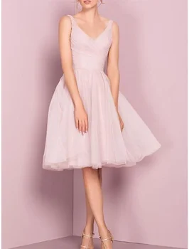 A-Line Flirty Empire Homecoming Dress Cocktail Party  V Neck Sleeveless Knee Length Tulle with Pleats платье на выпускной