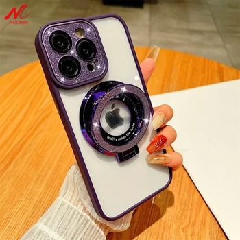 IPhone uchun Glitter Magsafe ega qopqoqni 11 12 13 14 15 iPhone uchun Pro Max shisha kamera himoyachi Case 14 15 Pro aniq qattiq Case