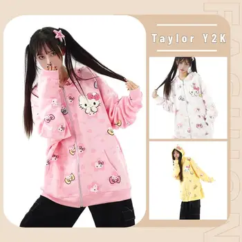 Kavayi Sanrio Hello Kitty kozok multfilm Anime Y2K Qizlar Amerika Vintage Kaputli fermuar kardigan Hoodies juft palto qish