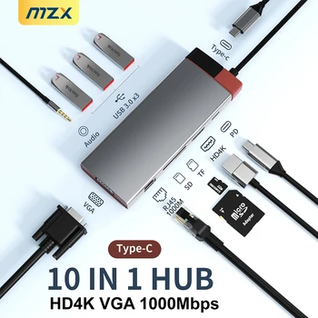 MZX 10 in 1 Docking stantsiyasi USB Hub 100m RJ45 Ethernet HD 4K HDMl VGA kengaytmasi Tipo C turi PD100 Vt Dock kontsentratori USBC USB-C